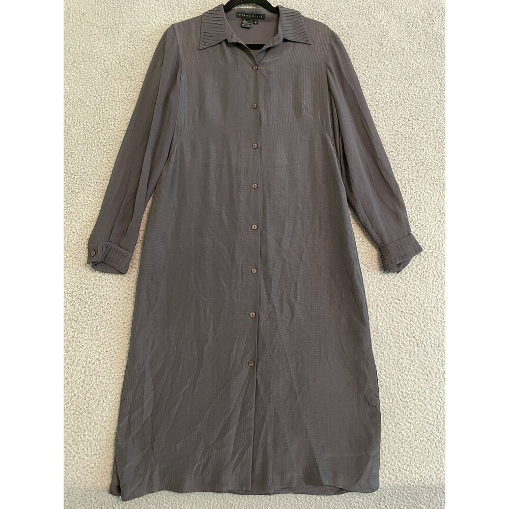 Perry Ellis 100% Silk Button Up Shirt Dress Gray Pleated Cuffs Collar Size 6